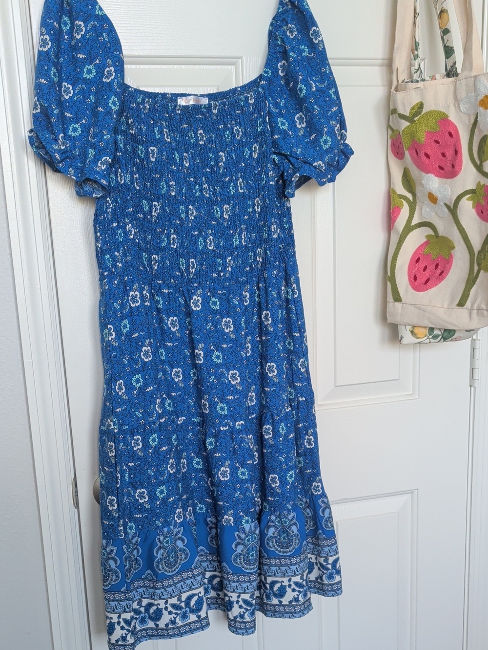 Blue Floral Midi Dress with Puff Sleeves